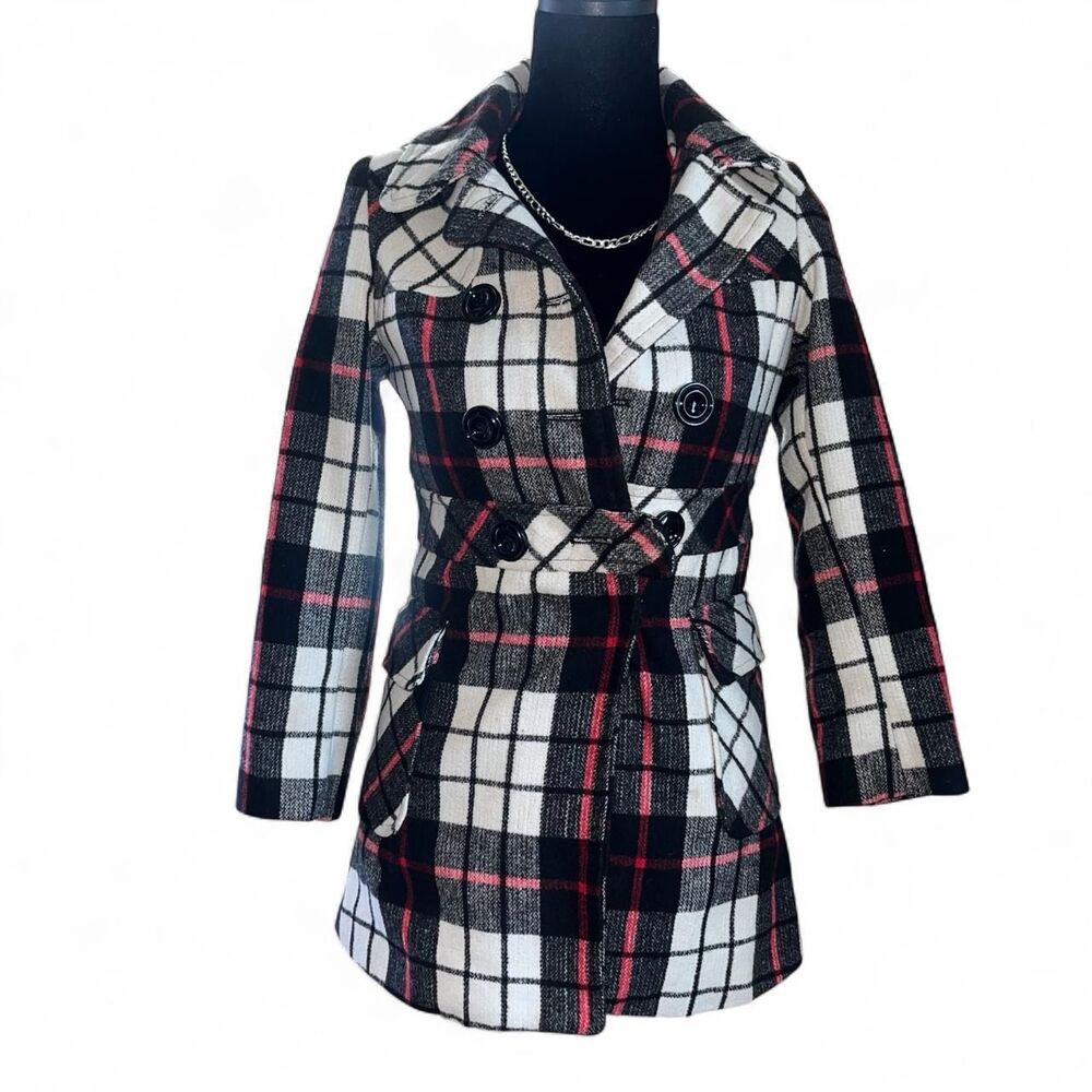 Vintage Rothchild Kids Youth Girls' Black and Red Plaid Pea Coat SZ S 6-7